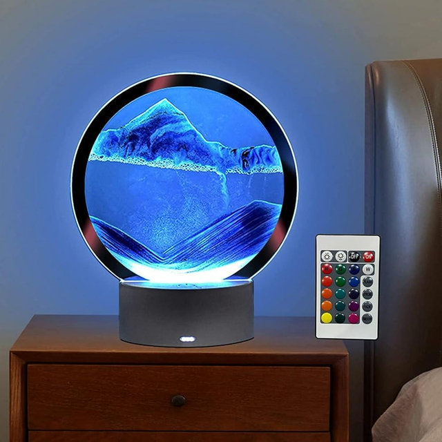 rysnwsu Moving Sand Art Picture Round Glass 3D Deep Sea Sandscape in Motion Display Flowing Sand Frame, Children's Large Desktop Art Toys, Home & Office Desktop Decorations(Blue, RC-Crotrol)