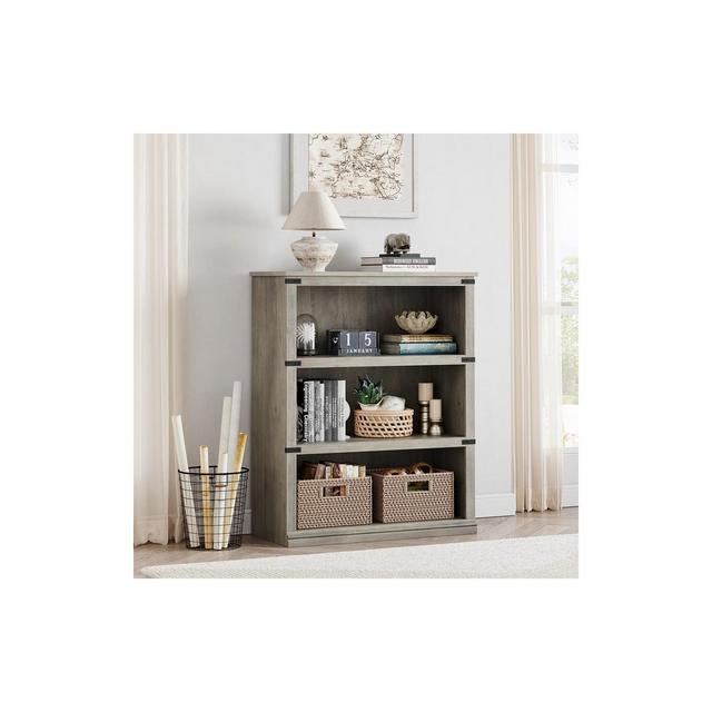 3 Tier Bookcase, Farmhouse Book Shelf with Storage, 71" Book Case Wooden 3 Shelf Bookcase for Home Office, Living Room-Grey