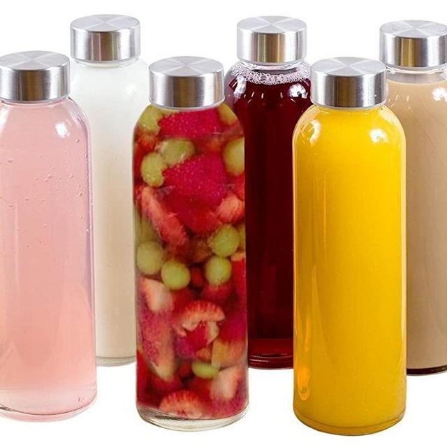 Brieftons Borosilicate Glass Water Bottles: 6 Pack, 18 Oz, Crack & Heat Resistant, Slim, Easy to Store, with Stainless Steel Lid, Best As Reusable Drinking Bottle, Sauce Jar, Juice Beverage Container