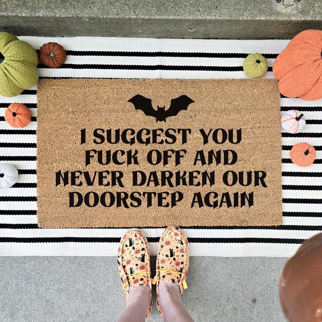 Never Darken Our Doorstep Funny Lazlo Quote Doormat, What We Do In The Shadows Halloween Door Mat, Vampire Bat Welcome Mat, Outdoor Doormat