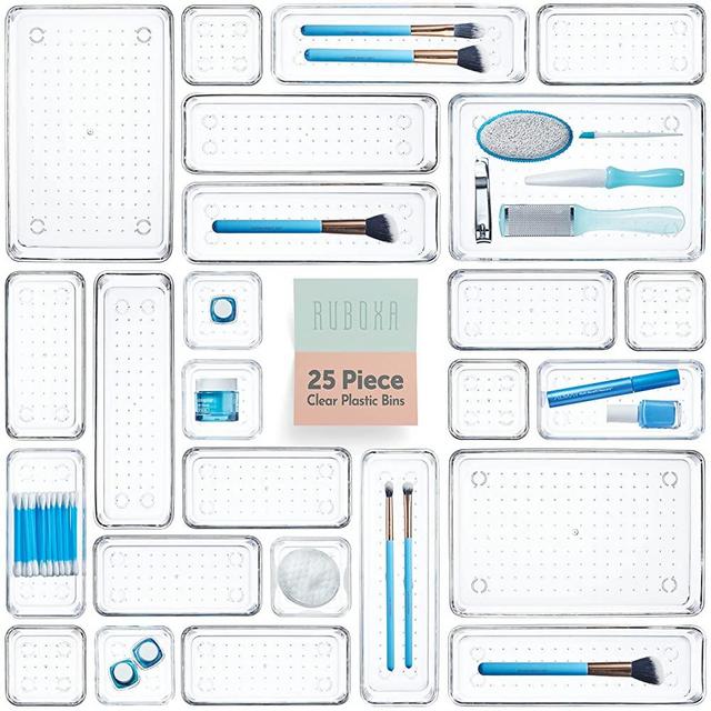 Multiple Drawer Organizer - 25 PCS Clear Plastic Drawer Organizers for Home Organization and Storage, Including 4 Sizes Small Organizer Bins, Non-Slip Pads, for Bathroom, Kitchen, Vanity & Office ETC.