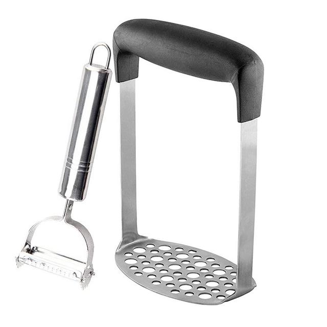 Potato Masher with Fine Mesh Platter and Ergonomic Horizontal Handle and Multi-Function Vegetable Peeler, Potato Stainless Steel Grinder for Mashed Potatoes, Vegetables and Fruits
