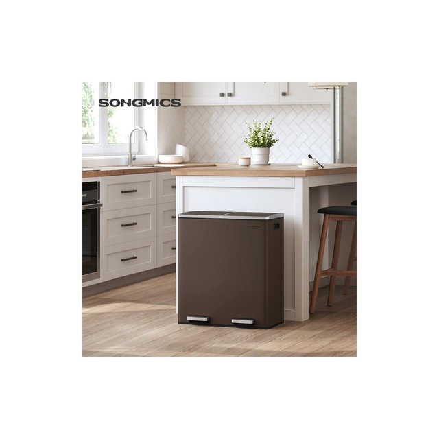 SONGMICS Trash Garbage Can, 16 Gal Rubbish, Metal Step Bin, with Dual Compartments, Soft Closure, Airtight, Brown