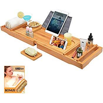 Utoplike Bamboo Bathtub Caddy Tray Bath Tray for Tub, Adjustable Bathroom Bathtub Organizer with Book Tablet Wine Glass Cup Towel Holder,Distinctive Gift for Christmas (24.8"-37.4")