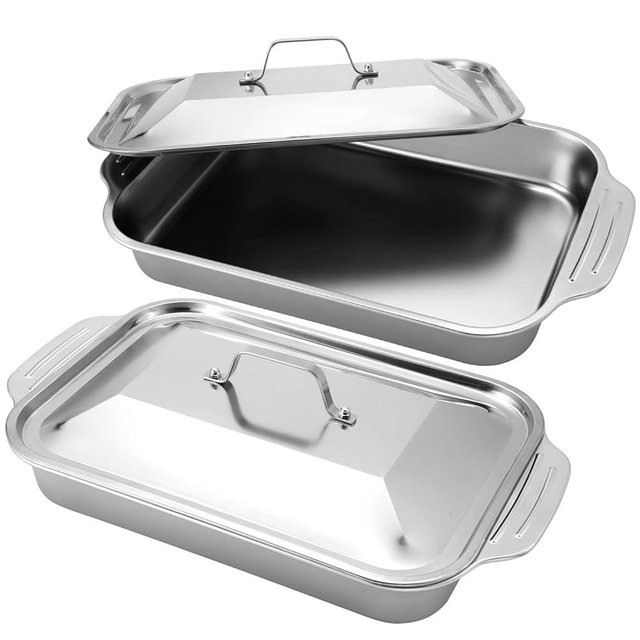 Funnymoom 2 Sets Stainless Steel Cake Pan with Lid 9 x 13 Inch Rectangle Bread Loaf Pans with Cover Rectangle Baking Bakeware for Bread Cake Brownies, Dishwasher Safe (Handle Style)