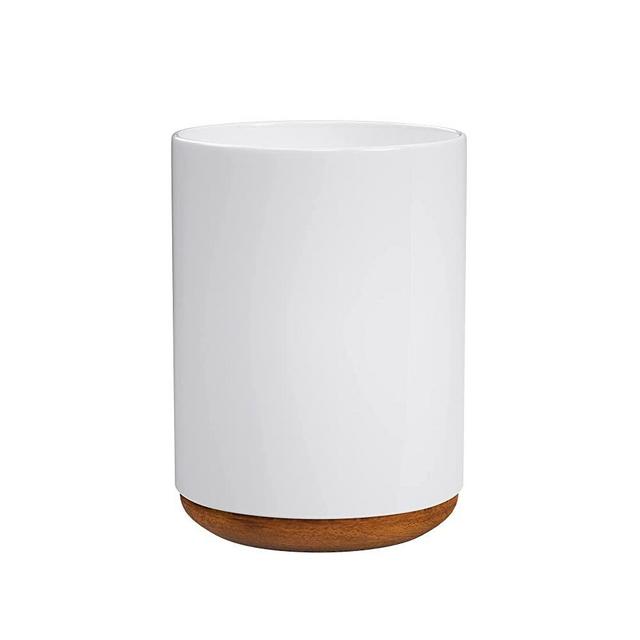 KARRYOUNG Ceramic Utensil Holder for Kitchen Countertop - With Solid Wood Base, 5.5 x 7 Inches, White