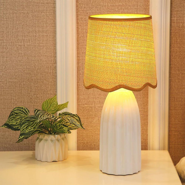 Briglusear Small White Ceramic Table Lamp for Bedroom, Modern Bedside Lamps with Wicker Shade, Boho Side Table Lamp for Nightstand Living Room Office, E26 Socket, H 15" x W 7"