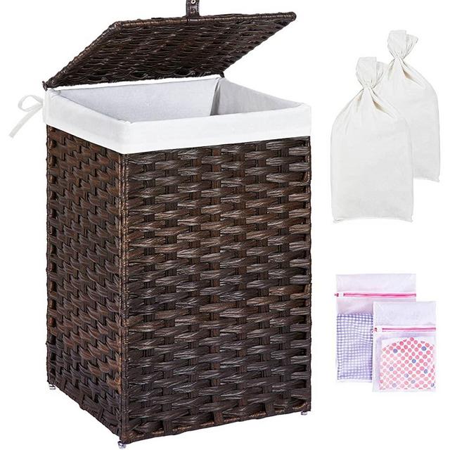 Greenstell Laundry Hamper with Lid, 60L Clothes Hamper with 2 Removable Liner Bags & 2 Mesh Laundry Bags, Handwoven Synthetic Rattan Laundry Basket for Clothes, Toys in Bathroom, Bedroom Brown