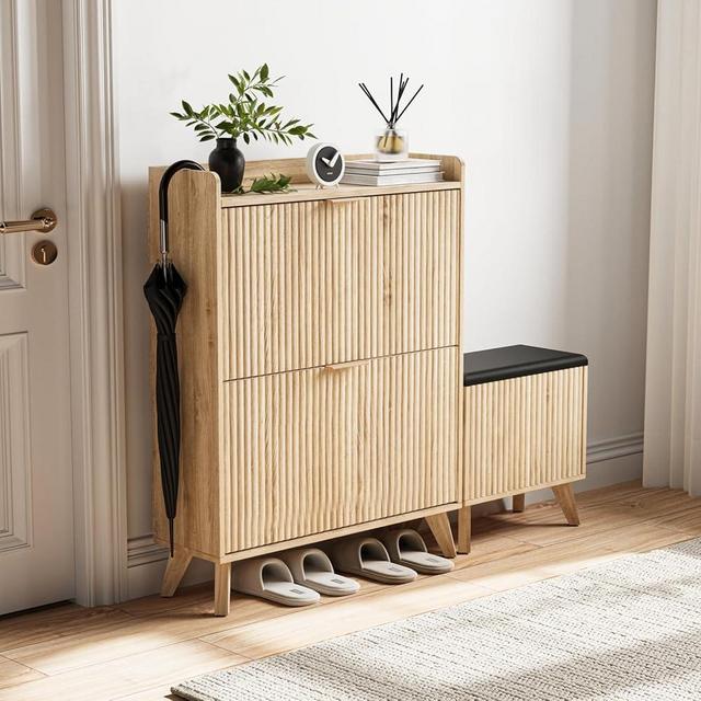 Fluted Shoe Cabinet Storage with Bench, Wood Narrow Hidden Shoe Cabinet with 2 Flip Drawers Solid Wood Legs & Adjustable Shelf for Entryway, L-Shaped Shoe Rack Organizer for Foyer Hallway Living Room