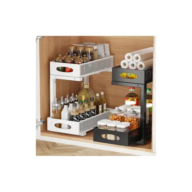 Under Sink Storage Basket,2 Tier Height Adjustable Kitchen Cabinet Organizer, Pull Out Drawer Shelves, Under Sink Organizer Kitchen Storage, White
