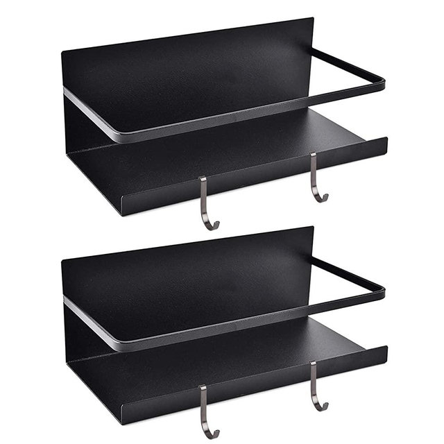 Kulmeo Magnetic Refrigerator Shelf Magnetic Spice Rack for Refrigerator Fridge Spice Rack Spice Shelf for Kitchen Black 2Pack With Hook