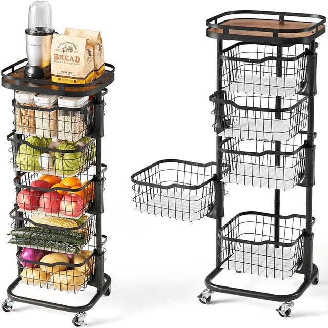 Ocyfym 5 Tier Kitchen Fruit Vegetable Storage Cart with One-Piece Rotating Basket, Pantry Organizer Shelf Rack Floor Stand for Veggie Onion Potato Produce Spice, Rolling Snack Cart on Wheels, Black