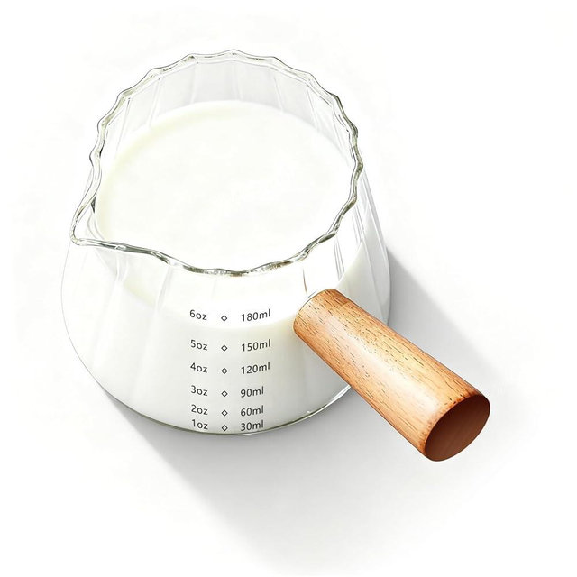 YARRAMATE 6 oz/180ML Glass Measuring Cup with Wooden Handle – Espresso Shot Cups, Ribbed Milk Frothing Pitcher, Dual Scale Markings, V-Shaped Mouth for Easy Pouring