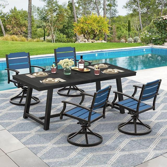 Cozyman Outdoor Table and chairs Set 5Pcs,HDPS Patio Dining Set Swivel Rocking with Umbrella Hole, Aluminum Frame with HDPS Seat, Bullard Outdoor Furniture Set, dark blue