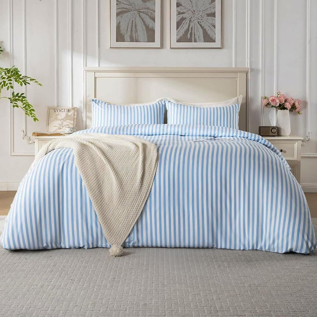 ROSE&RISY Duvet Cover Set King Size, Blue Striped Comforter Cover with Button Closure, Breathable and Cooling, Includes 1 Duvet Cover, 2 Pillowcases, No Comforter, (Blue Stripe, King)