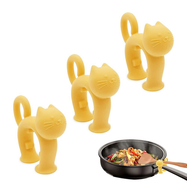 FUATY Non-Slip Silicone Spoon Rest - 3 Pcs Cat Shaped Spatula Rack for Pot, Anti-Scalding Adjustable Cute Kitten Utensil Holder, Boil Over Spill Stopper, Funny Kitchen Cooking Gadget