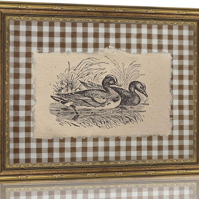 Vintage Gold Framed Wall Art Vintage Duck Wall Art Rustic Farmhouse Brown Gingham Duck Wall Decor Picture Country Cottage Illustration Poster Print Artwork for Living Room Bedroom 9x11in