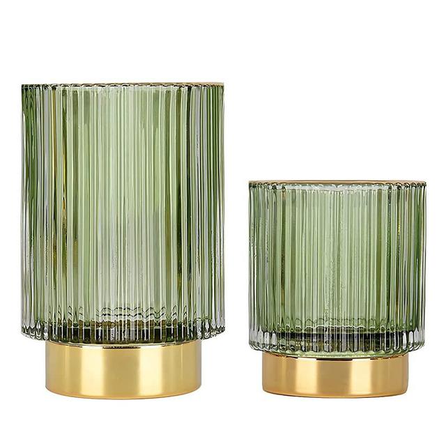 DASITON Makeup Brush holder Organizer,Crystal Cosmetic Makeup Brush Glass Brushes Storage Holder, Vintage Make Up Brush Cup Pen Pencil Holder striped vase(Green S+L)