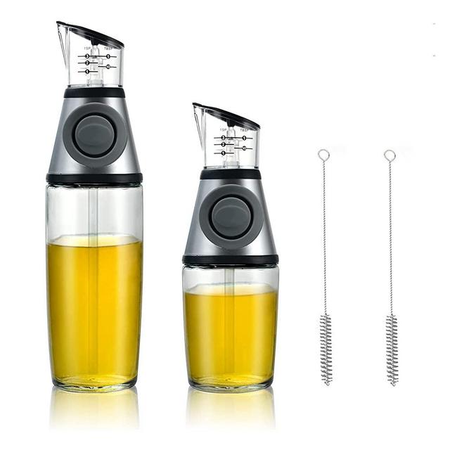 Olive Oil Dispenser Bottle Set of 2, Includes 17oz and 8.5oz Sized Glass Bottles, Vinegar or Other Liquid Seasoning Cruet for Kitchen, Cooking, Salad or BBQ