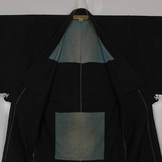 vintage distressed Men's Japanese Black Shima Striped Cotton Kimono Robe Noragi Peasant Boro Ikat Kasuri 140322-10