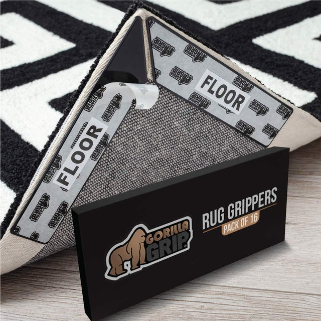 Gorilla Grip Premium Rug Corner and Side Grippers for Hard Floors, Patent Pending, 16 Piece, Anti Curl Reusable Gripper Corners Fit Seamlessly to Rugs Edge, Dual Sided Pads Help Stop Carpets Curling