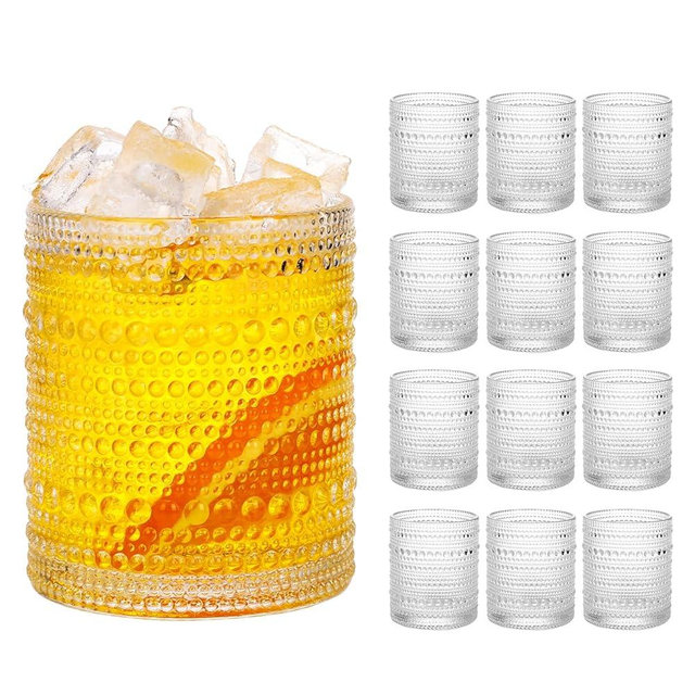 Moretoes Hobnail Drinking Glasses Set of 12,10 Oz Cocktail Glasses Vintage Glassware, Textured Glass Cups Bubble Glasses Water Glasses Old Fashion Jupiter Glasses Set (Clear)