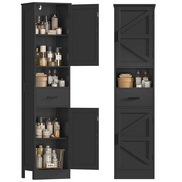 TEENFON Tall Bathroom Storage Cabinet with Barn Doors, Narrow Bathroom Cabinet with Drawer, Narrow Storage Unit, Adjustable Shelves, Floor Cabinets for Living Room, Entryway, Kitchen, Black