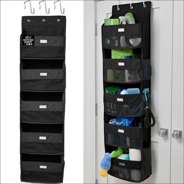 GORILLA GRIP Over The Door Organizer Storage, 5 Deep Hanging Shelves, Holds 50lbs, Closet Organizers Shelf for Bedroom, Shoes, Bathroom, Nursery, Dorm Essentials, 3 Metal Hooks, 58x15 Inches, Black