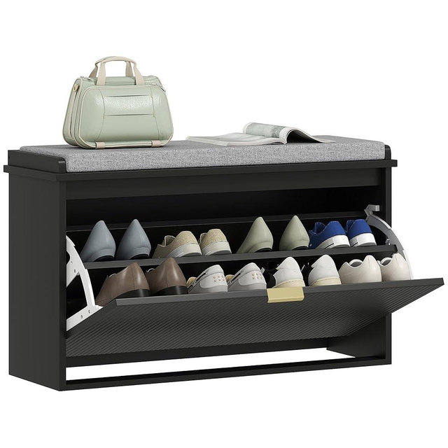 HOMCOM Narrow Shoe Bench with Padded Seat Cushion and Flip-Drawer, Small Entryway Bench Holds up to 265lb, Shoe Cabinet, 31.5x10.2x18.7 Inches, Black