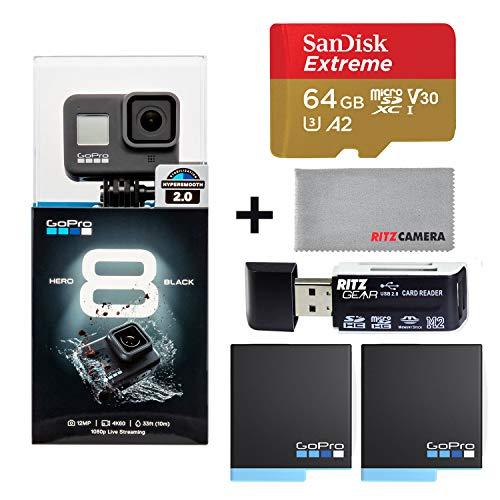 GoPro Hero8 Black Action Camera with Accessory Bundle - Sandisk 64gb U3 Memory Card, 2 X GoPro USA Batteries and Cleaning Cloth