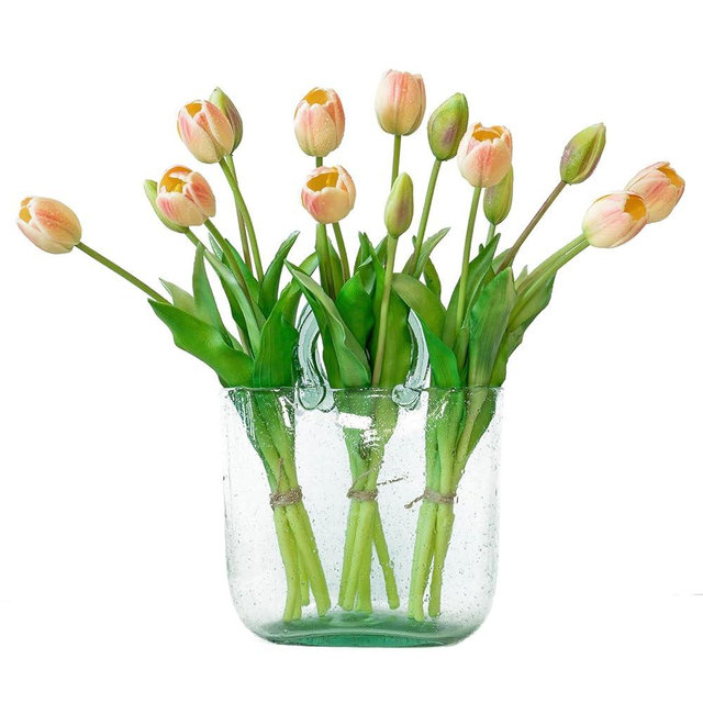 DUYONE 15pcs Artificial Tulips Flowers, Latex Bouquet, Fake Tulips for Office Wedding Party Home Kitchen Garden Decoration-B Pink Champagne