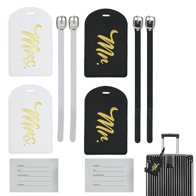 4 Pcs Mr and Mrs Luggage Tags, PU Leather His and Hers Luggage Tags for Newlyweds, Bridal Shower, Honeymoon Travel, Romantic Trips, Suitcases and Carry On Bags