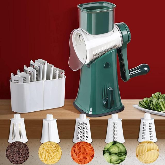 Rotary Cheese Grater with Handle, 5 in 1 Multifunctional Vegetables Cheese Grater, Drum Graters For Kitchen with 5 Replaceable Drum Blades, Easy to Use for Nut, Fruit, Vegetable and Cheese（Green）