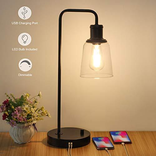 Industrial Table Lamp, Vintage Nightstand Lamp with Dual USB Ports Antique Office Lamp Glass Shade Metal Desk Reading Lamp for Bedroom, Living Room, Dorm, 6W 2700K Dimmable LED Edison Bulb Included
