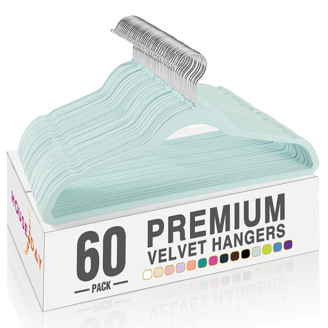 HOUSE DAY Velvet Hangers 60 Pack, Premium Clothes Hangers Non-Slip Felt Hangers, Sturdy Sky Blue Hangers Heavy Duty Coat Hangers, Durable Suit Hangers for Space Saving, No Hanger Marks 360 Rotating