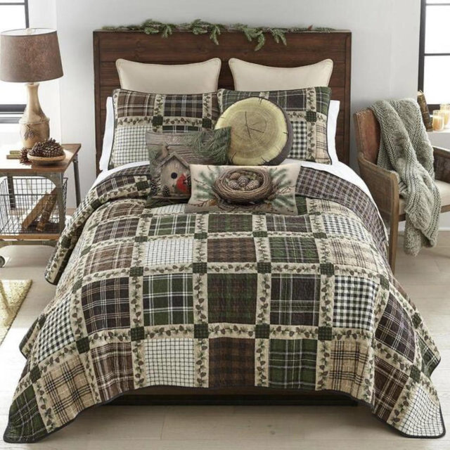 Pine Patch Brown and Green 3-Piece Cotton Queen Quilt Set