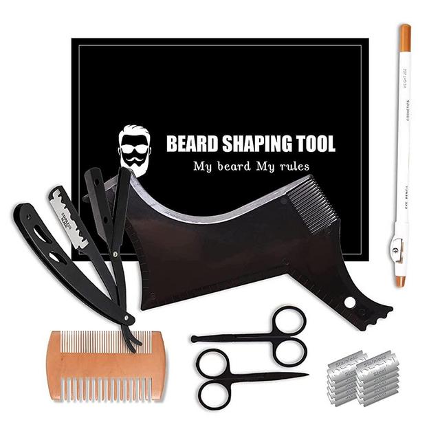 Beard Shaper - Beard Shaping Tools - Include Beard Template Guide, Professional Straight Edge Razor, 10 Count of Double Edge Blade, Barber Pencil, Beard Comb, 2 Stainless Steel Scissors, CUKBLESS