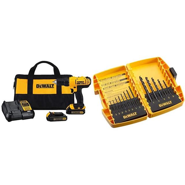 DEWALT 20V MAX Cordless Drill/Driver Kit, Compact, 1/2-Inch (DCD771C2) & Black Oxide Drill Bit Set with Pilot Point, 13-Piece (DW1163)