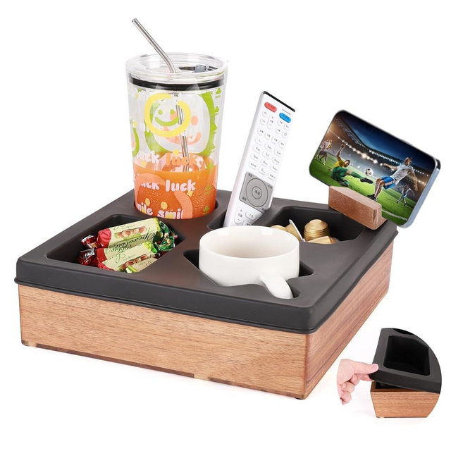 Couch Cup Holder Tray, Silicone Acacia Wooden Couch Caddy with Cup Holder for Snacks, Drinks, Remotes, Waterproof Cup Holder for Couch, Organizer, Movie Night Snack Trays