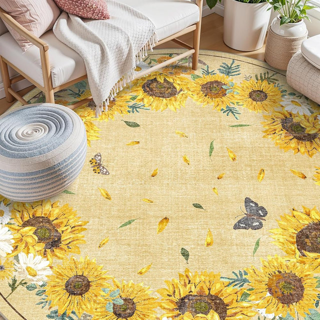 BYYVOO Round Rugs 6ft Washable: Sunflower Non-Slip Farmhouse Rug for Living Room Nursery Dining Room - Soft Stain Resistant Easy Clean Mat for Family with Pets 6ft Round Sunflower
