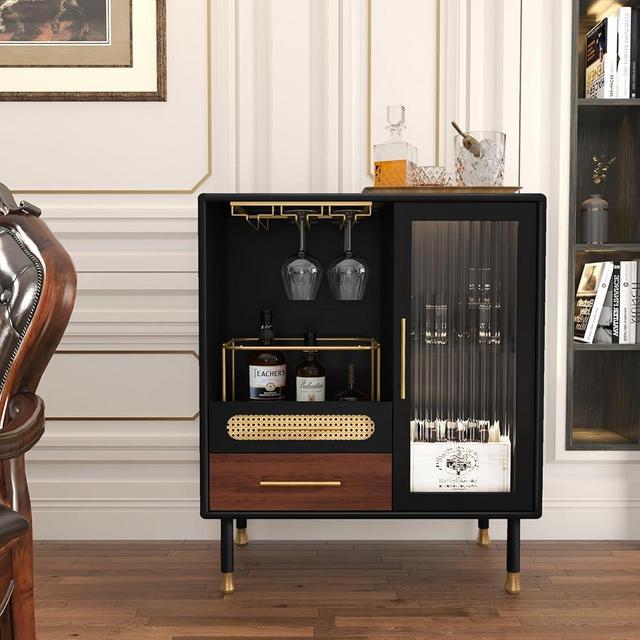 ARTPOWER Modern Coffee Bar Cabinet with Wine Glass Rack and Drawers, Black Liquor Cabinet with Pull-Out Wine Storage for Kitchen, Dining Room, Living Room