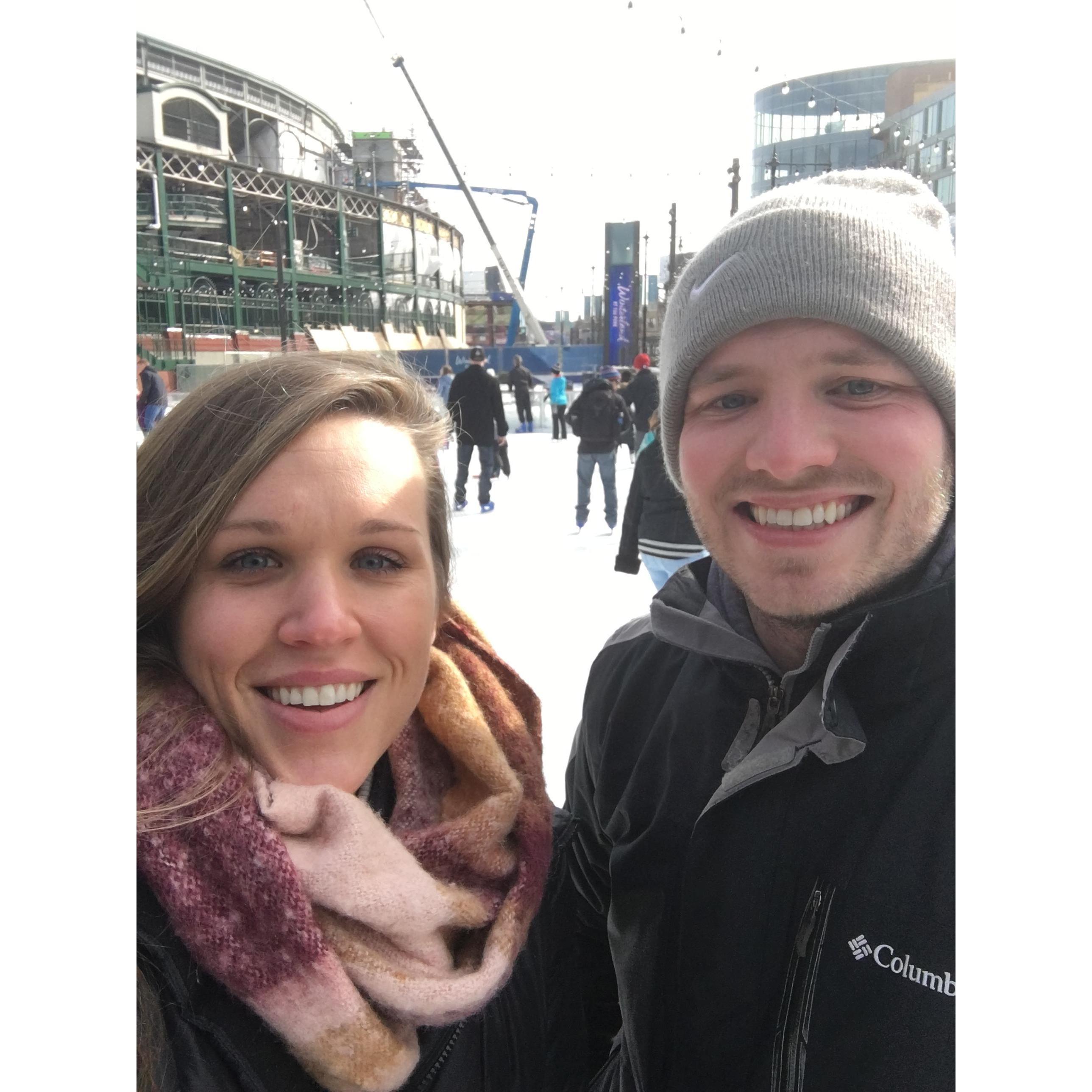 (February 2018) Dreaming of summertime while iceskating outside of Wrigley Field.