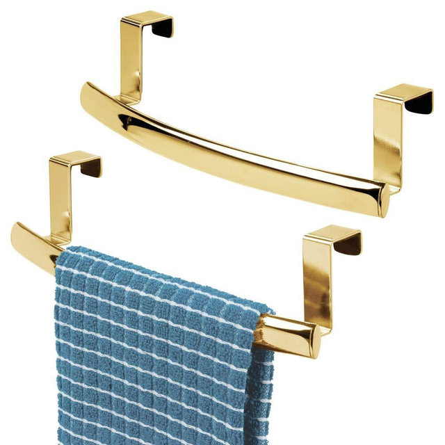 mDesign Modern Metal Kitchen Storage Over Cabinet Curved Towel Bar Rack - Hang on Inside/Outside of Doors, Organize & Hang Hand, Dish, and Tea Towels - Also for Bars - 9.7" Wide, 2 Pack - Soft Brass