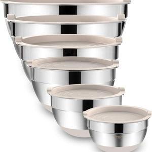 Mixing Bowls with Airtight Lids, 6 piece Stainless Steel Metal Nesting Storage Bowls (Khaki)