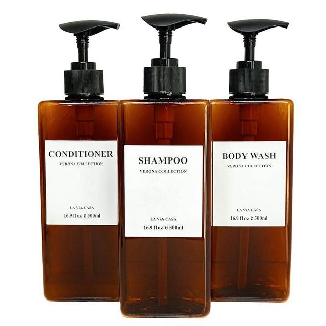 La Via Casa Shampoo and Conditioner Dispenser | 3 Plastic Amber | Shampoo Dispenser with Waterproof Labels | Shower Bottles Refillable with Pump (Without Wall Mount)