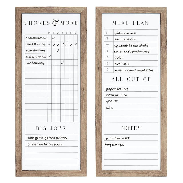 Sheffield Home Set of Two Family Planner Dry Erase Boards Featuring, Chore Chart, Shopping List, Weekly Meal Planner and Notes, 9x21 Inch, Natural