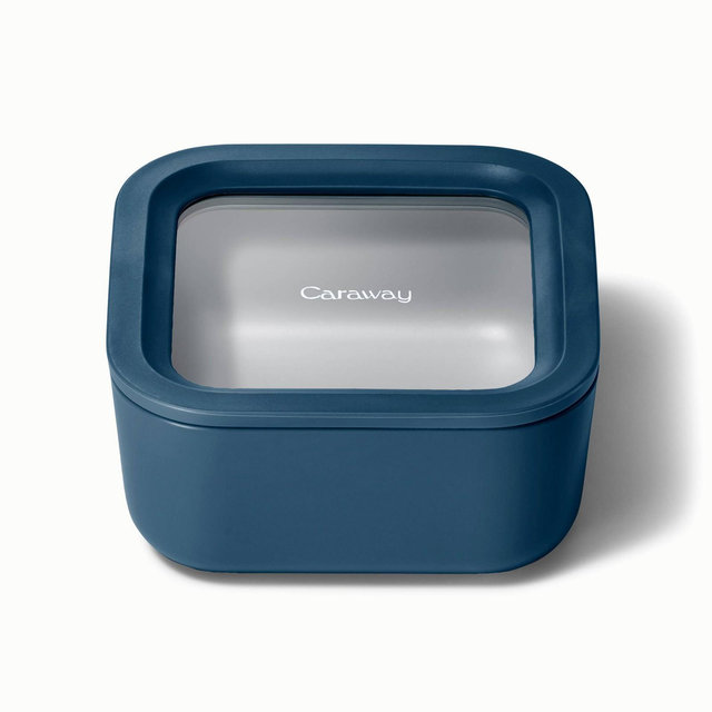 Caraway Home Small Ceramic Coated Glass Food Storage Container Navy: 4.4 Cup, Oven & Microwave Safe, Hand Wash