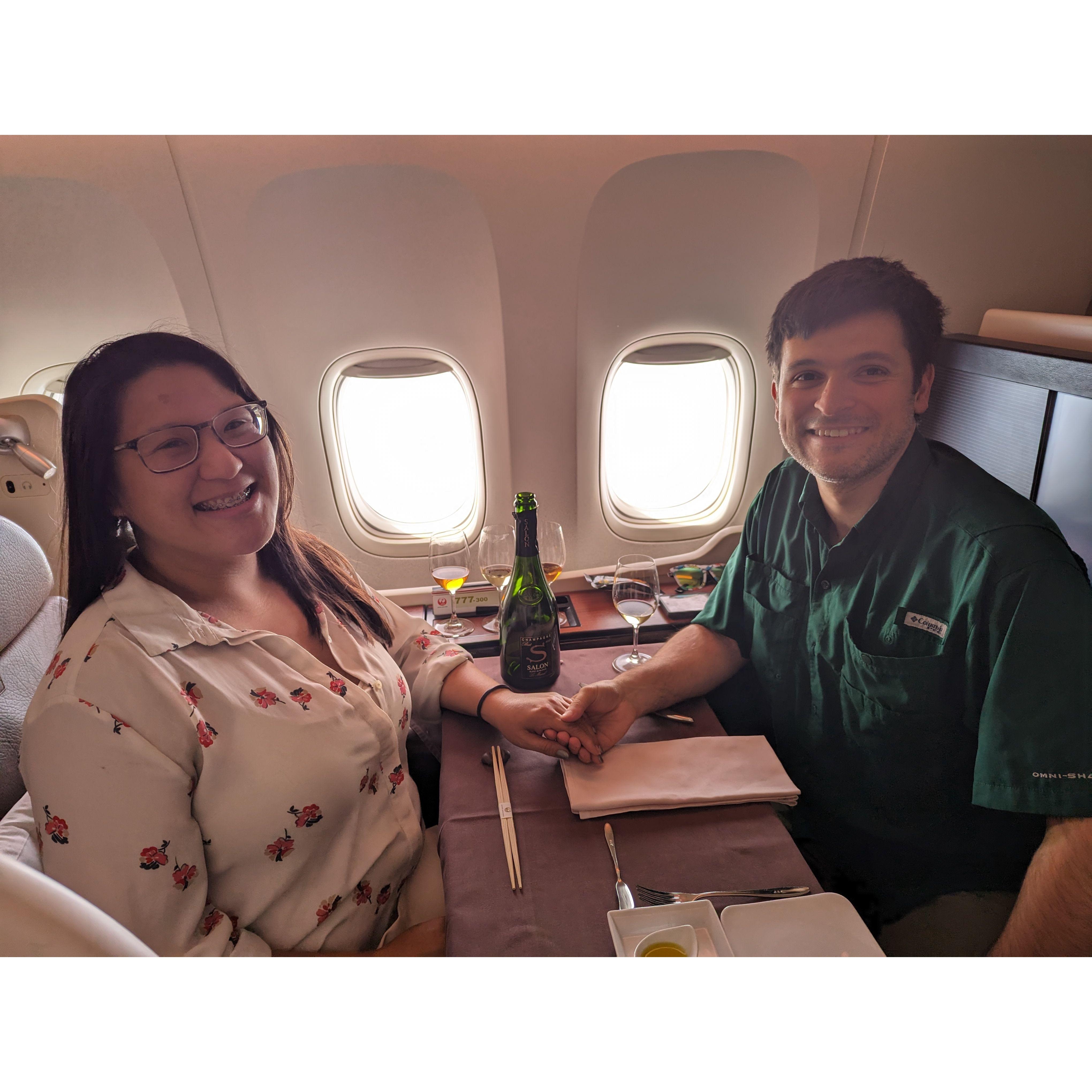 Our first lunch date mid air over the Pacific