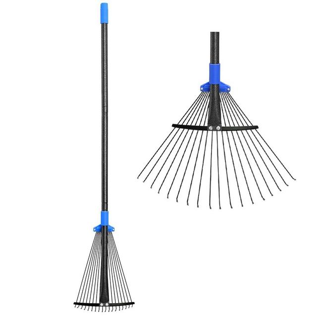 Adjustable Metal Leaf Rake Long Handle, Garden Rakes for Lawns Heavy Duty Leaves with Expandable Head 8-17", Yard Women Kids Rake for Gardening RV Camping