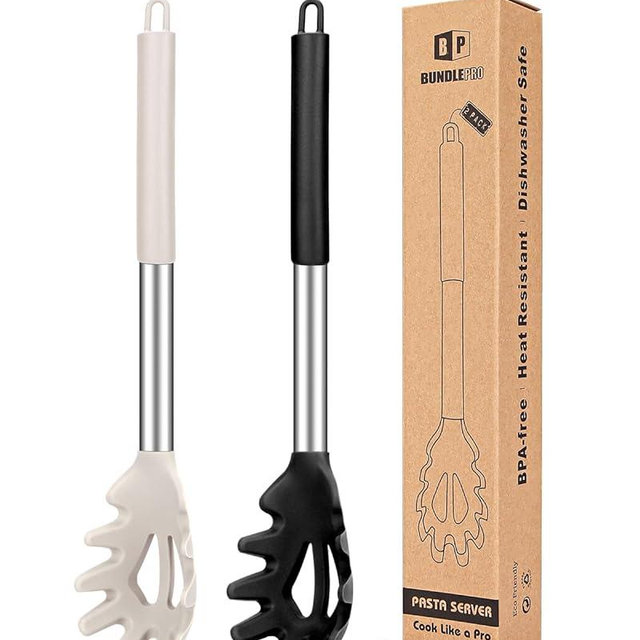 Pack of 2 Silicone Pasta Fork, Kitchen Heat Resistant Noodle Spoon Server, BPA Free Spaghetti Strainer,Best Cooking Tools (BLACK-KHAKI)